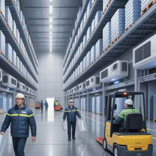 'Industrial warehouse contractors working on a project in Dubai Investment Park'